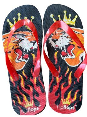 hipflops Brand Orange Yellow Red Flip-Flops w/Roaring Tiger Logo Women Size 10